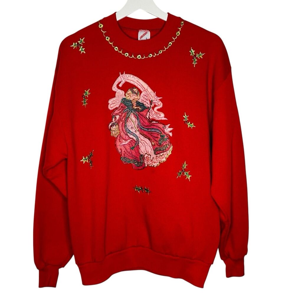 Vintage 90s Y2K Jerzees Christmas Sweatshirt Adult Large Red USA Ugly